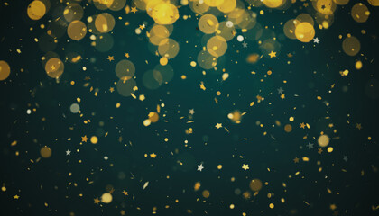 Festive gold glitter and floating confetti over deep emerald green with soft circular bokeh