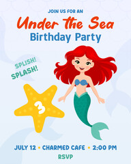 Mermaid birthday party for baby birthday party invitation template. 
