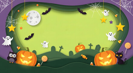 Halloween Party Invitation Template with Spooky Decorations and Cute Characters