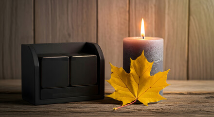 Autumn Ambiance Candlelight and Calendar with Fallen Leaf Against a Rustic Wooden Background