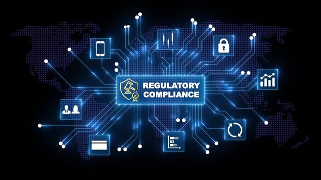 Digital regulatory compliance concept with global network connections and business icons representing security finance and data management on a dark background with glowing