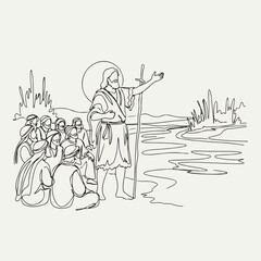 Obraz premium Line drawing of biblical history, depicting Jesus Christ teaching crowd by riverbank. Biblical history involves Jesus standing with his hand raised while addressing disciples, sun glowing behind him,
