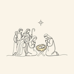 Obraz premium Nativity scene depicts Christmas story with Mary, Joseph, and baby Jesus in manger. Nativity scene includes the star of Bethlehem shining above holy family, shepherds watching over sacred birth,