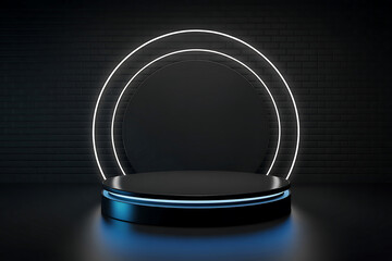 Futuristic Black Podium with Neon Rings and Blue Accent Lighting