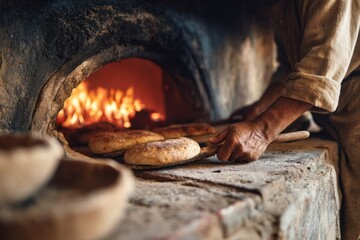 A skilled baker pulls out warm loaves of bread from a wood-fired oven. The cozy kitchen is filled with the aroma of freshly baked goods, creating a welcoming atmosphere