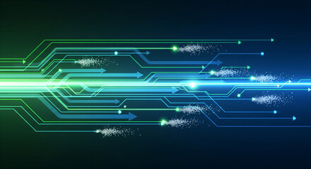 Digital technology abstract background with glowing blue and green lines and particles