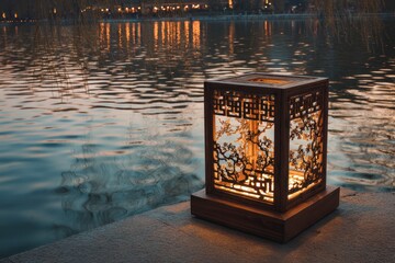 Illuminated lantern by the waters edge at dusk.