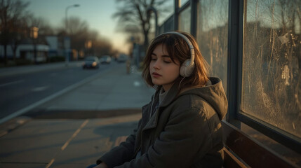 A teenage girl sits at a bus stop early in the morning, wearing headphones, her breath visible in the cold air.