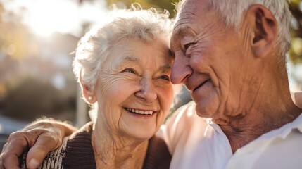 Fototapeta premium An elderly couple shares a warm smile together, showcasing their deep affection and connection. The sunlight bathes them in a gentle glow, representing love and companionship.