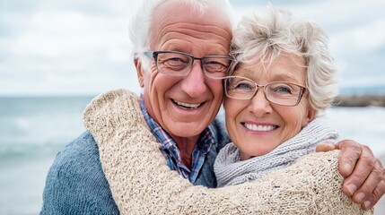 A joyful elderly couple embraces on a beach, showcasing love and happiness. Their smiles radiate warmth, capturing a moment of connection against a beautiful coastal backdrop.