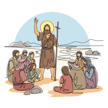 Biblical history illustration depicting John the Baptist preaching to gathering of people, drawn in single continuous line. Biblical history scene showing John raising hand, haloed and holding staff,