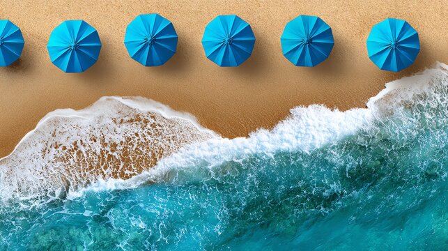 A picturesque beach scene featuring vibrant blue umbrellas arranged neatly along the sandy shore, complemented by gentle waves lapping at the coastline, evoking relaxation and tran