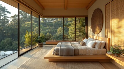 Minimalist Bedroom With Panoramic Forest View and Smart Home Features Enhancing Tranquility