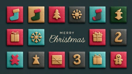 Stylish Christmas advent calendar with embossed festive icons and numbers.