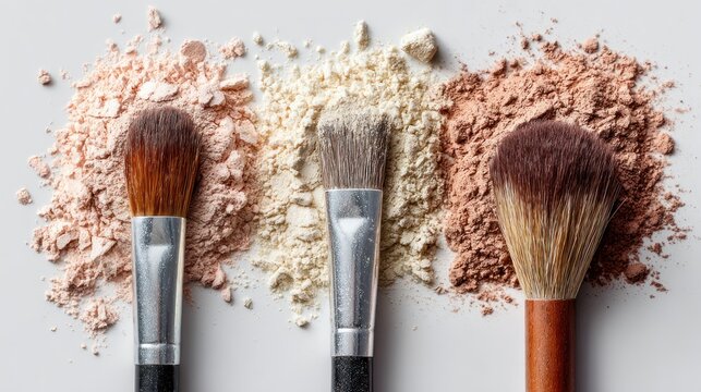 Makeup brushes and powder for beauty and cosmetics.