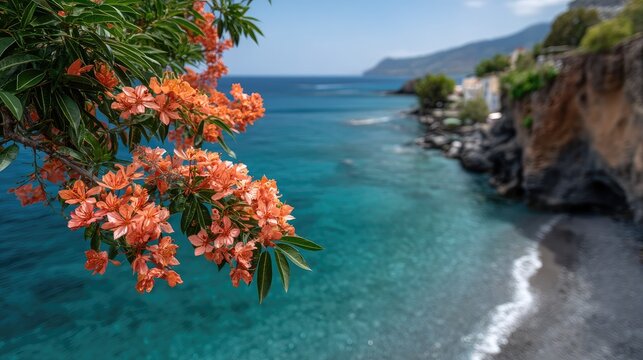 Vibrant Orange Bougainvillea Flowers Bloom Overlooking a Serene Turquoise Beach Cove on a Sunny Day - Powered by Adobe
