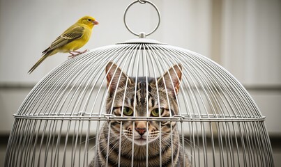 Feline Captivity Paradox: Tabby Cat Stares Through Cage as Canary Perches Above