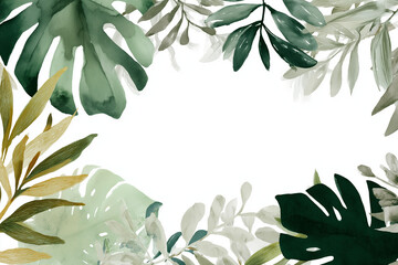 Minimalist Watercolor Botanical Composition with Tropical and African Leaves on White Background