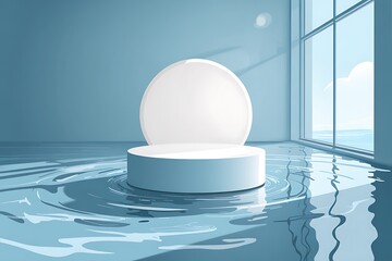 Minimalist blue room with podium on water, large window overlooking ocean and sky