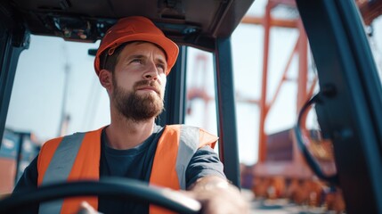 A focused worker in an orange safety vest and helmet operates machinery at a construction site, showcasing a blend of concentration and professionalism.