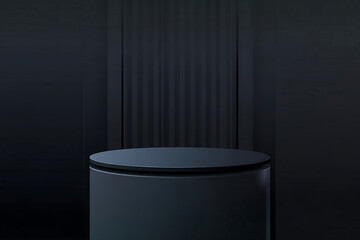 Minimalist Dark Cylindrical Pedestal with Vertical Ribbed Background