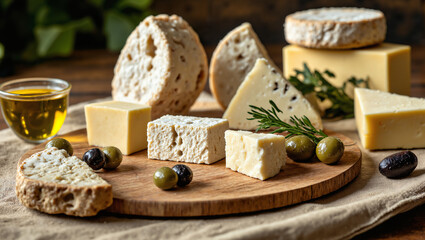 Premium food photograph featuring an elegant Mediterranean cheese platter with assorted cheeses, olives, rosemary, and olive oil on a rustic wooden board, captured in studio lighting for culinary 