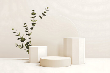 Minimalist display with geometric pedestals, eucalyptus branches, and a translucent arch