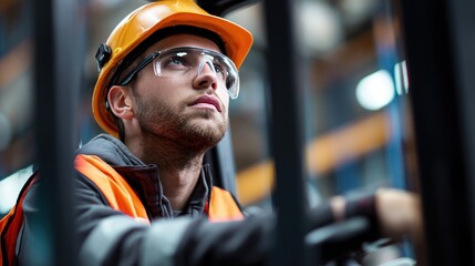 A focused worker in safety gear operates machinery, showcasing dedication and professionalism in an industrial environment.