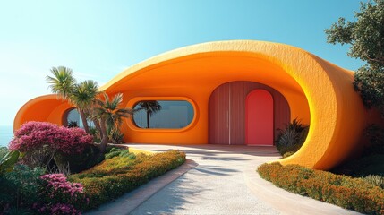 Entrance of a Retro-Futuristic Smart Home With Vibrant Design and Unique Architectural Elements