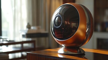 Smart Speaker With Retro-Futuristic Design Showcasing Metallic Finishes and Rounded Shapes Indoors
