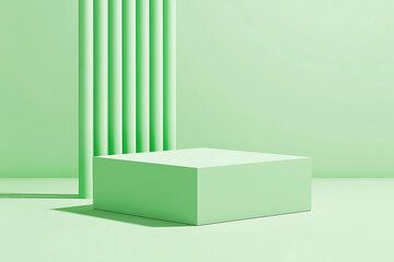 Minimalist Green Studio Scene with Geometric Pedestal and Vertical Ribbed Wall