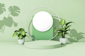 Minimalist Green Stage with Potted Plants and Circular Arch Backdrop