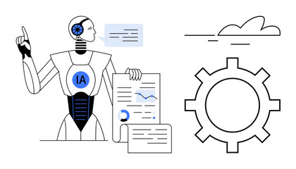 AI robot analyzing documents, charts, and graphs with cloud and gear. Ideal for technology, AI systems, data analytics, machine learning, automation innovation troubleshooting. Simple flat metaphor