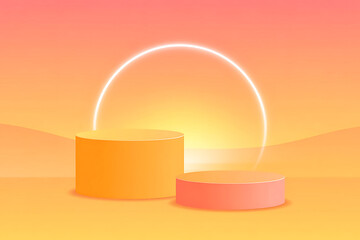 Minimalist Orange and Pink Cylindrical Pedestals with Neon Arch Background