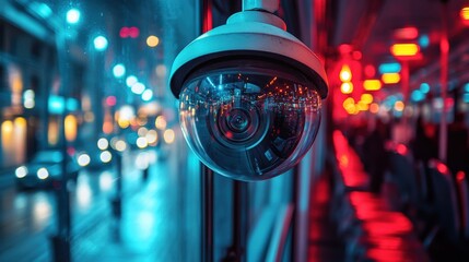 Close-up View of Security Camera on Public Bus Capturing City Lights at Night