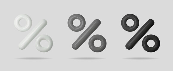 3D percent icons in white, grey, and black colors showing rate, discount, and price change. Modern percentage vector for sale, business, and financial concept, symbolizing growth and reduction