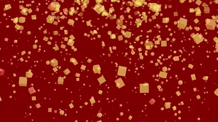 Falling cube animation depicts golden transparent cubes elegantly floating against a rich red background. - Powered by Adobe