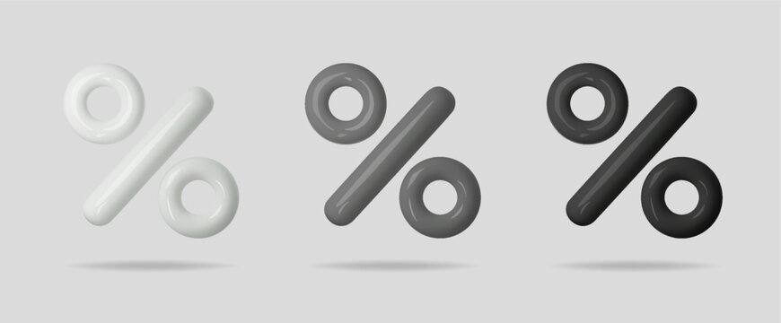 3D percent icons in white, grey, and black colors showing rate, discount, and price change. Modern percentage vector for sale, business, and financial concept, symbolizing growth and reduction