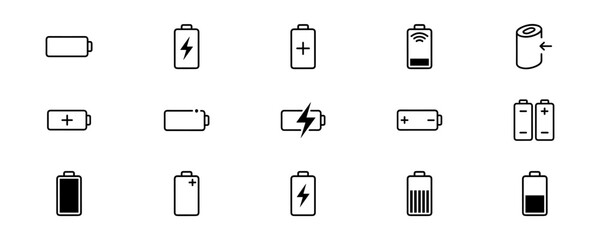 Battery icons set in line style with different charge status