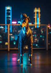 Dog in pinstripe suit and hat with city skyline
