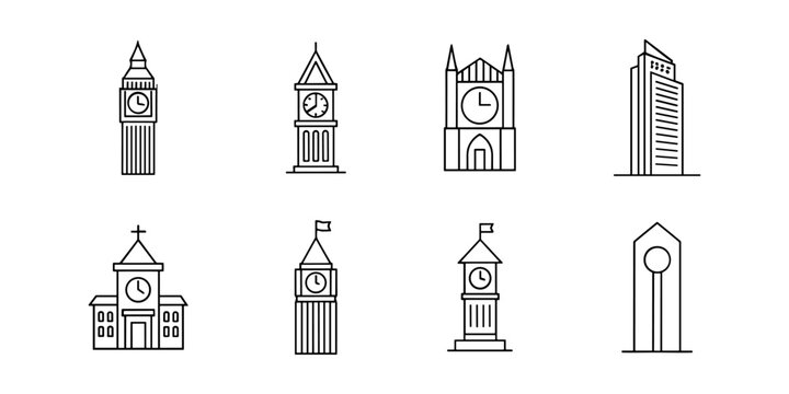 Clock Tower and Building Icon Set in Minimalist Line Style