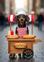 Dog in chef hat and apron with hot dog cart