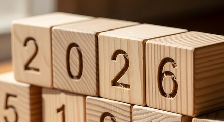 Wooden blocks with the year 2026 carved into them, symbolizing the upcoming new year and future planning.