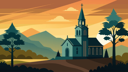 Naklejka premium Church in the mountains at sunset vector