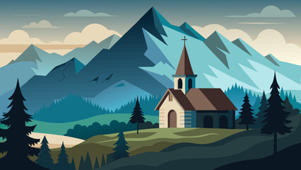 Fototapeta premium Illustration of a church in mountains