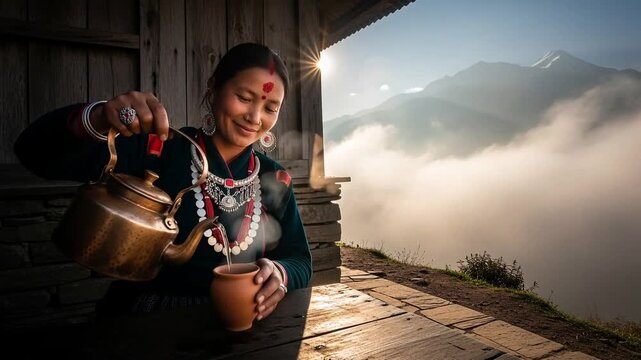 Woman in Traditional Attire Pours Tea with Majestic Mountain View