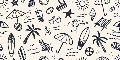 Hand drawn summer beach vacation icons seamless pattern with surfboards umbrellas palm trees and sun