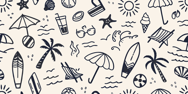 Hand drawn summer beach vacation icons seamless pattern with surfboards umbrellas palm trees and sun