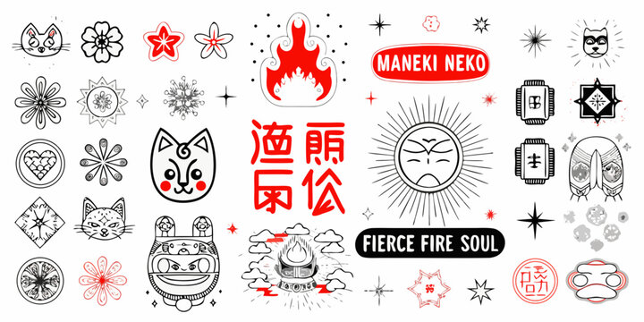 Collection of japanese inspired illustrations featuring maneki neko fierce fire soul and various symbols
