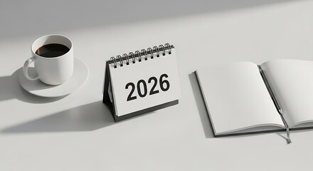 Desk calendar showing 2026 with coffee and notebook on white surface.